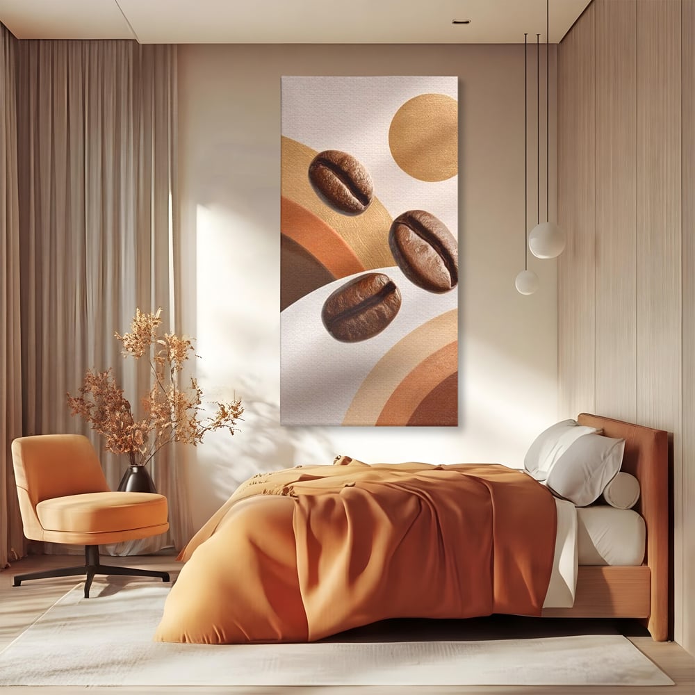 Tablou canvas cu tablou canvas cu boabe de cafea, fara rama, pe sasiu de lemn, pe perete intr-un dormitor