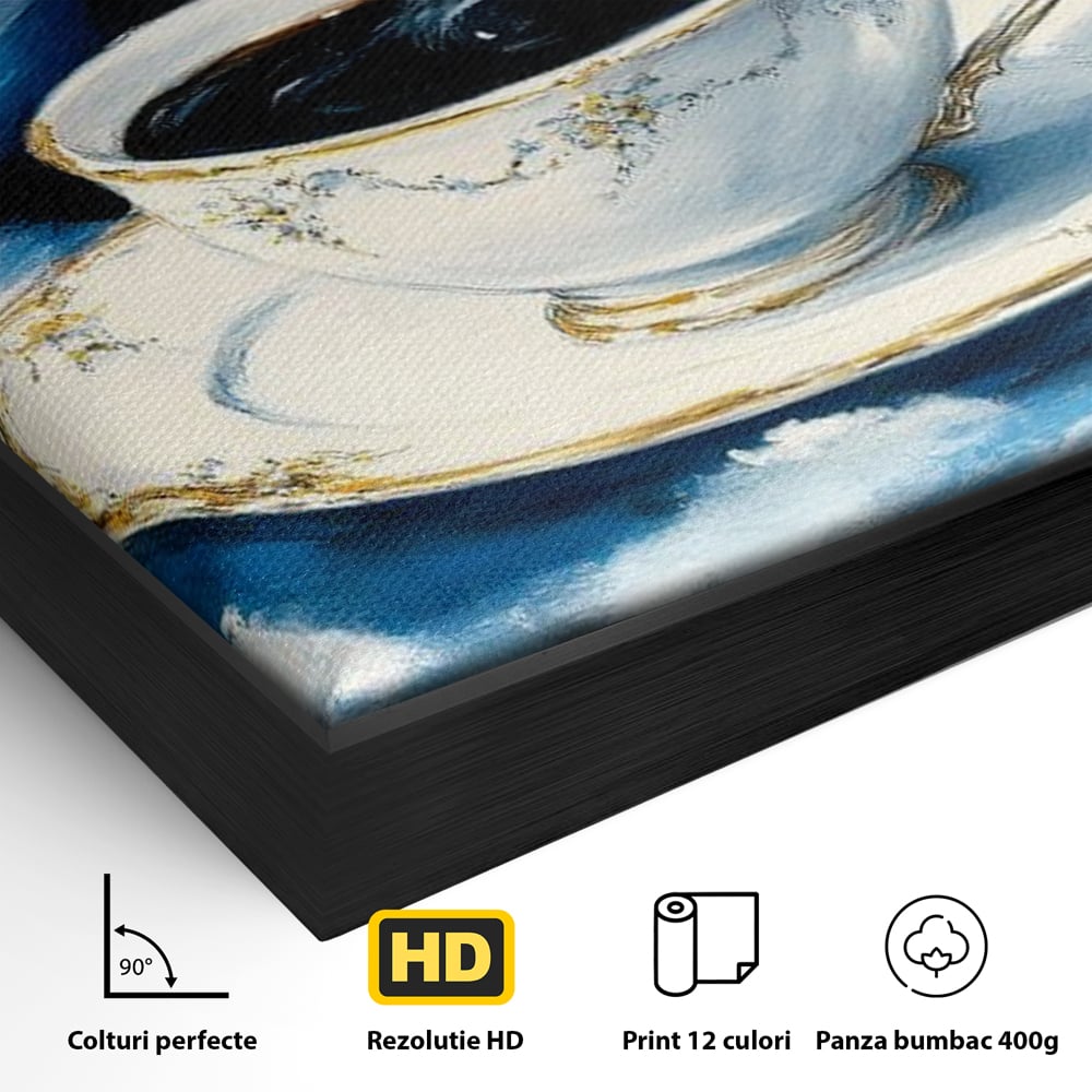 Detaliu al suprafetei: tablou canvas cu ceasca si planeta, in rama de aluminiu negru