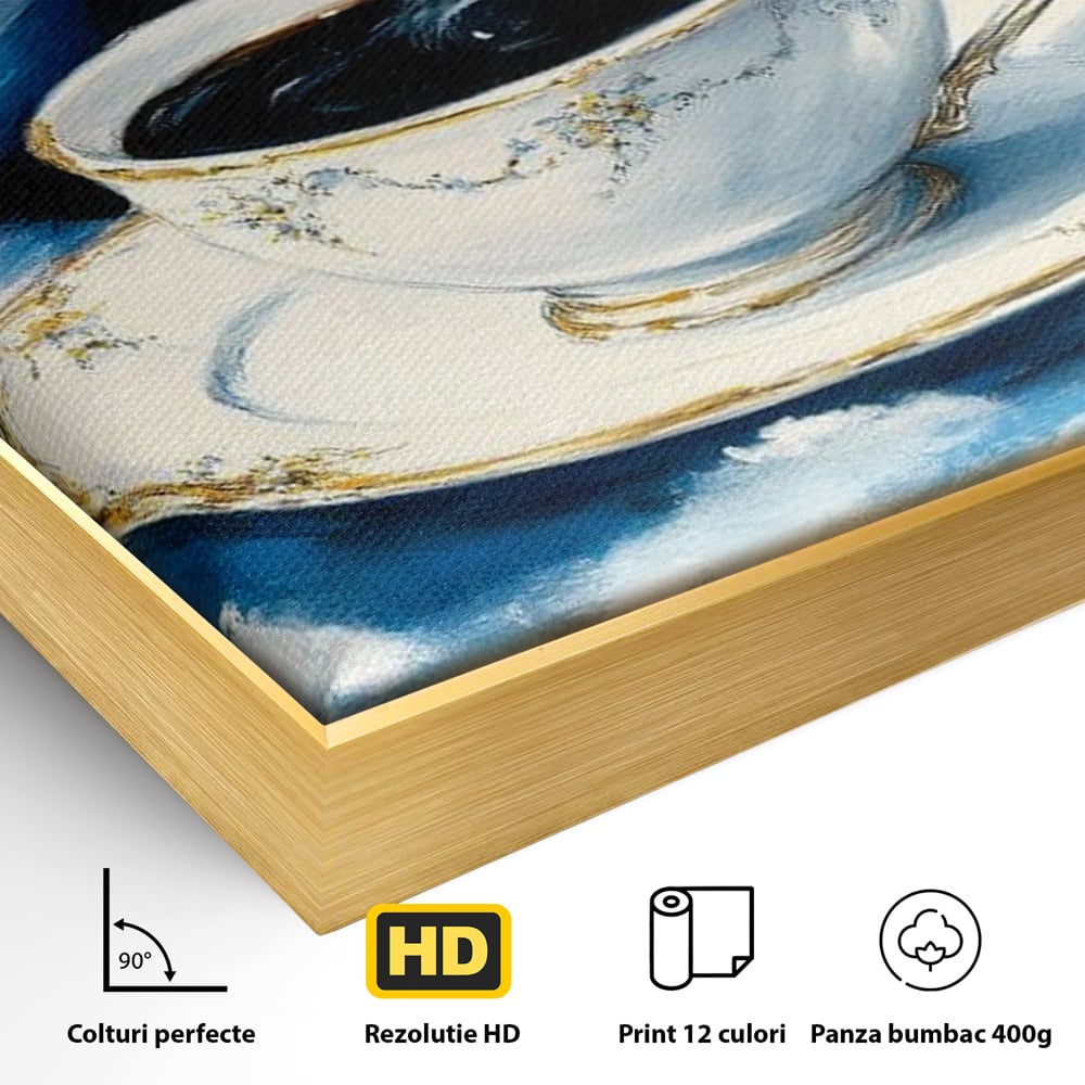 Detaliu al suprafetei: tablou canvas cu ceasca si planeta, in rama de aluminiu auriu