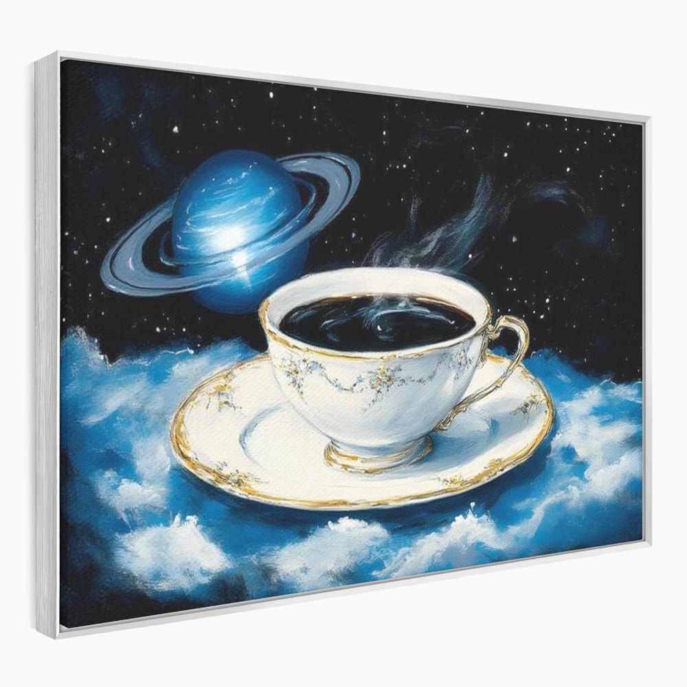 Tablou canvas cu tablou canvas cu ceasca si planeta, in rama de aluminiu argintiu