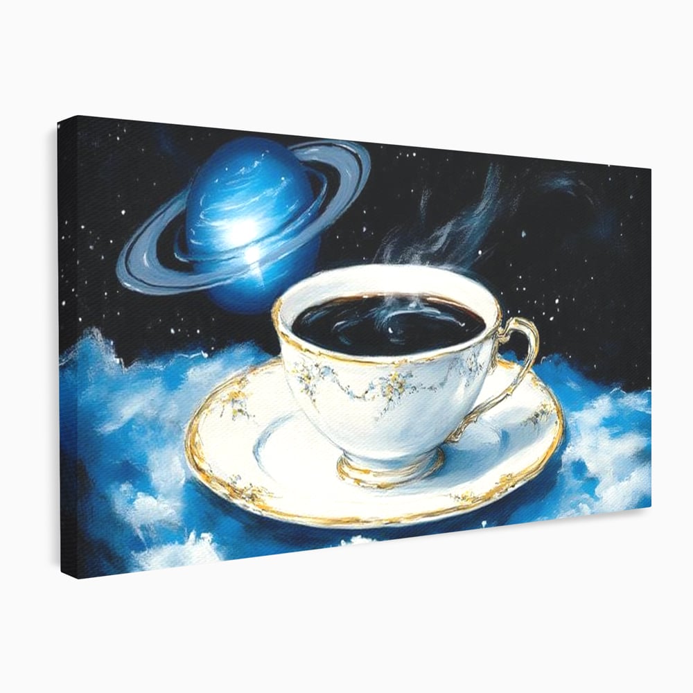 Tablou canvas cu tablou canvas cu ceasca si planeta, fara rama, pe sasiu de lemn