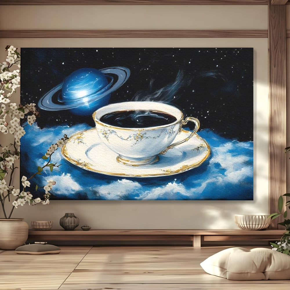Tablou canvas cu tablou canvas cu ceasca si planeta, fara rama, pe sasiu de lemn