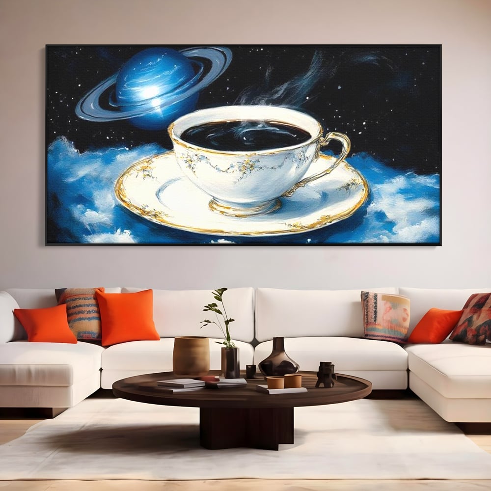 Tablou canvas cu tablou canvas cu ceasca si planeta, in rama de aluminiu negru, pe perete intr-un living