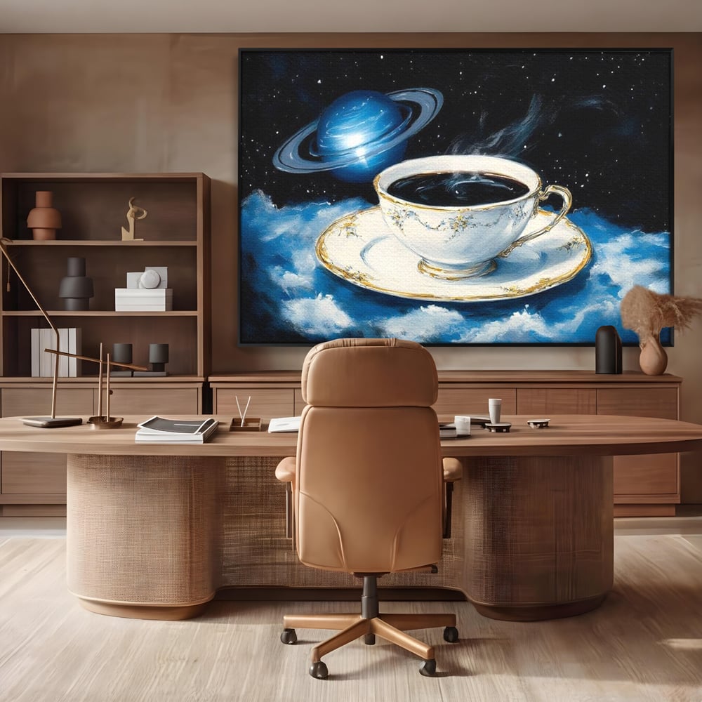 Tablou canvas cu tablou canvas cu ceasca si planeta, in rama de aluminiu negru, pe perete intr-un birou