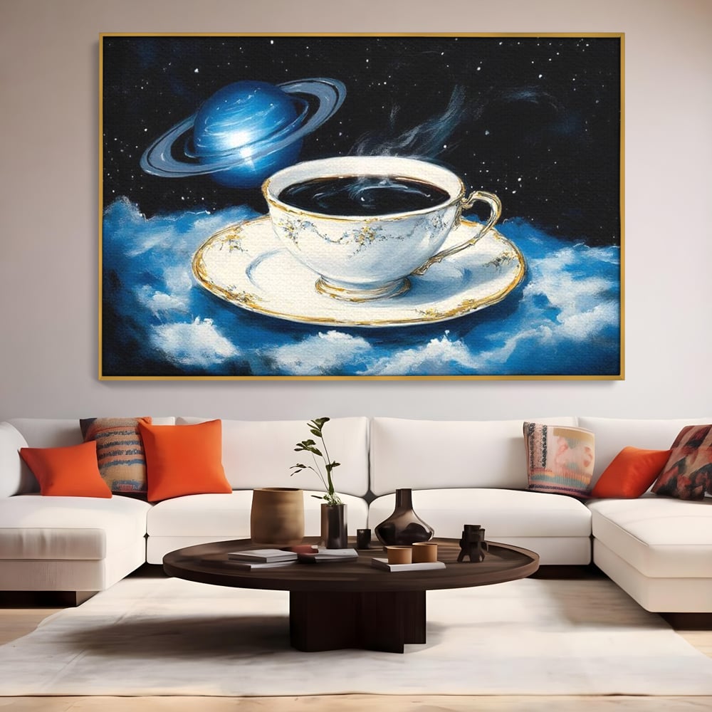 Tablou canvas cu tablou canvas cu ceasca si planeta, in rama de aluminiu auriu, pe perete intr-un living