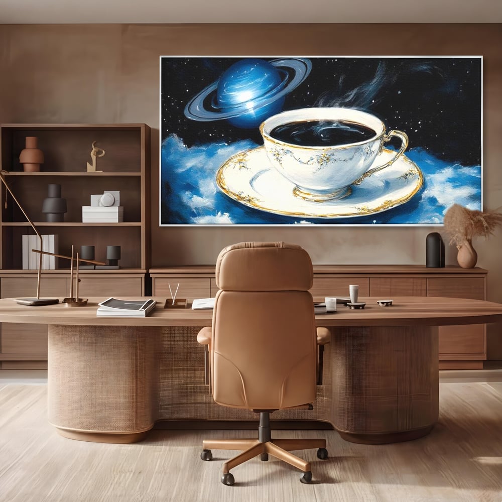 Tablou canvas cu tablou canvas cu ceasca si planeta, in rama de aluminiu argintiu, pe perete intr-un birou