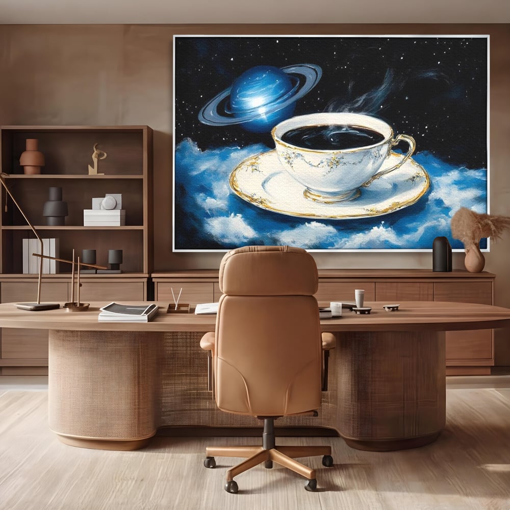 Tablou canvas cu tablou canvas cu ceasca si planeta, in rama de aluminiu argintiu, pe perete intr-un birou