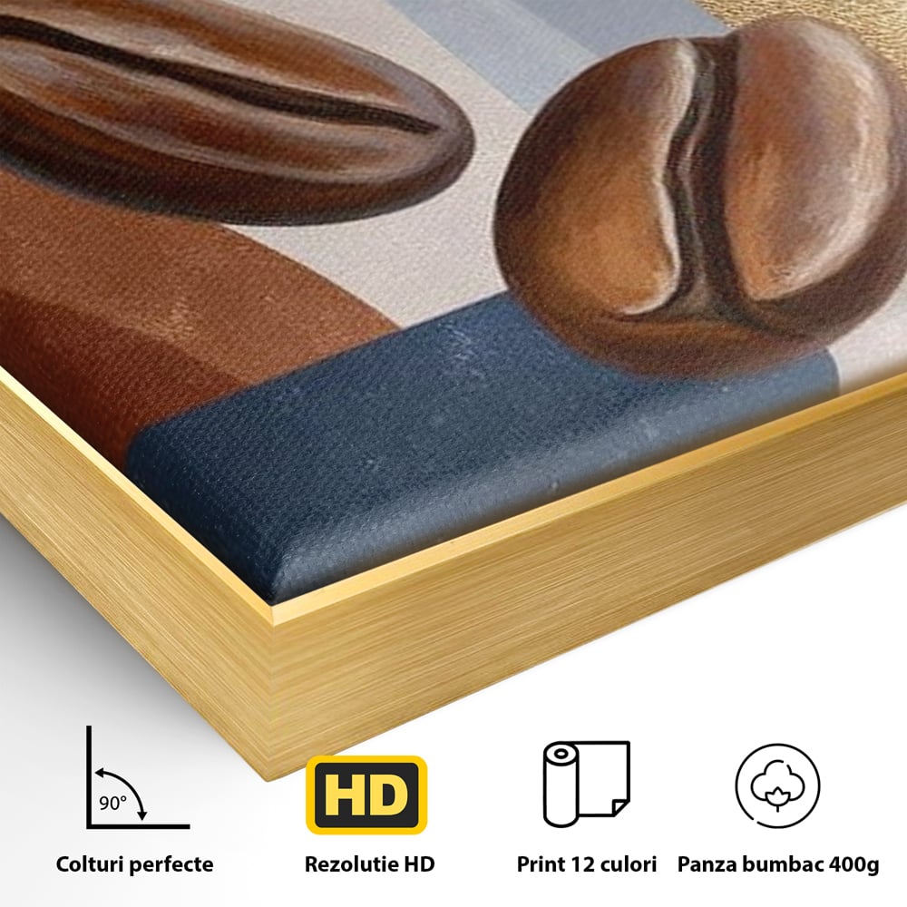 Detaliu al suprafetei: tablou canvas cu boabe de cafea, in rama de aluminiu auriu