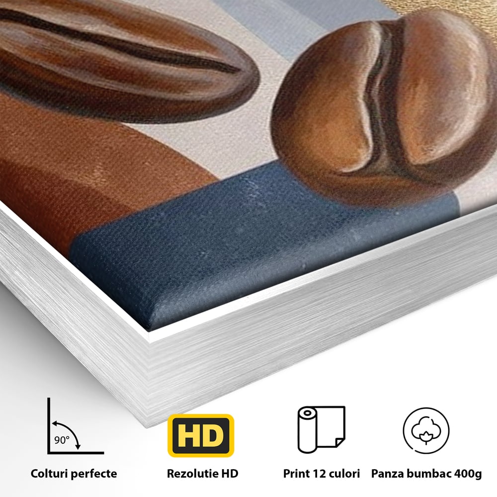 Detaliu al suprafetei: tablou canvas cu boabe de cafea, in rama de aluminiu argintiu