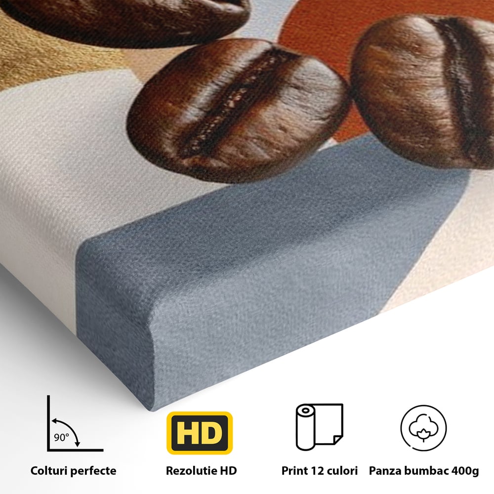Detaliu al suprafetei: tablou canvas cu boabe de cafea si forme geometrice, fara rama, pe sasiu de lemn