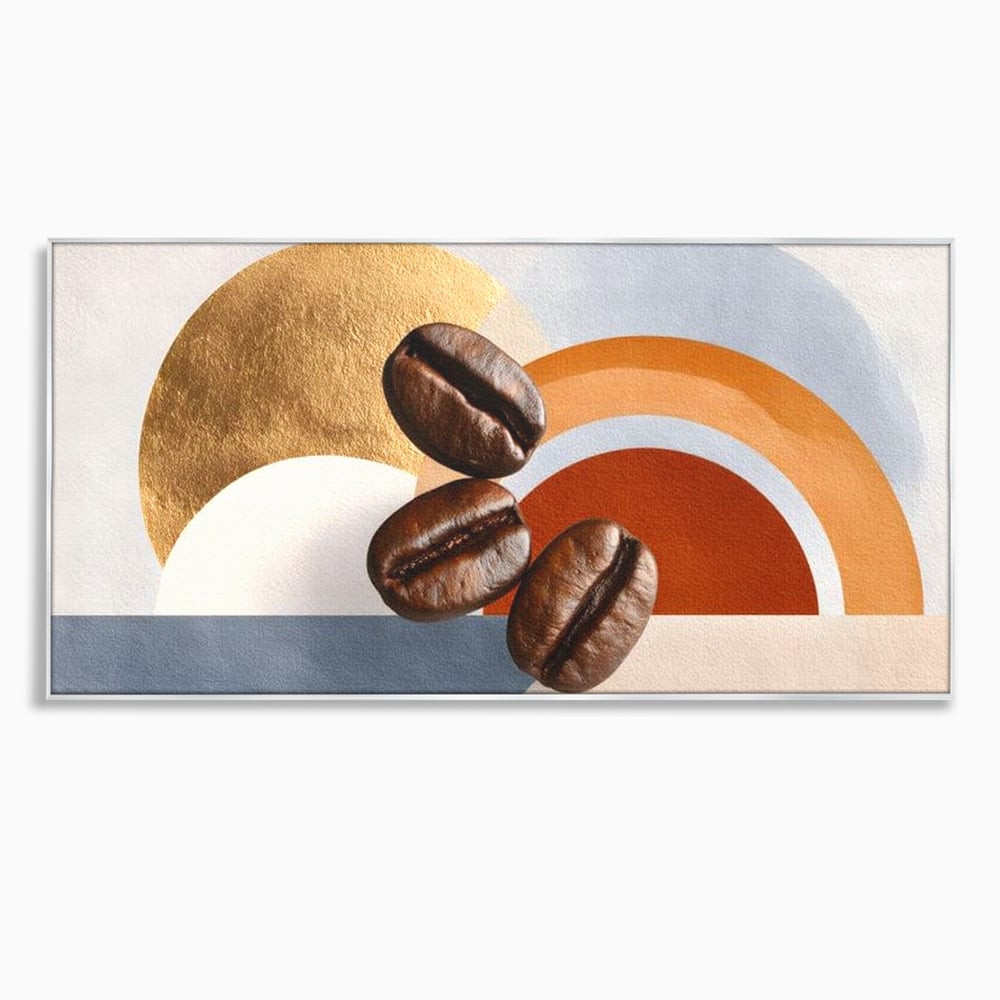 Tablou canvas cu tablou canvas cu boabe de cafea si forme geometrice, in rama de aluminiu argintiu