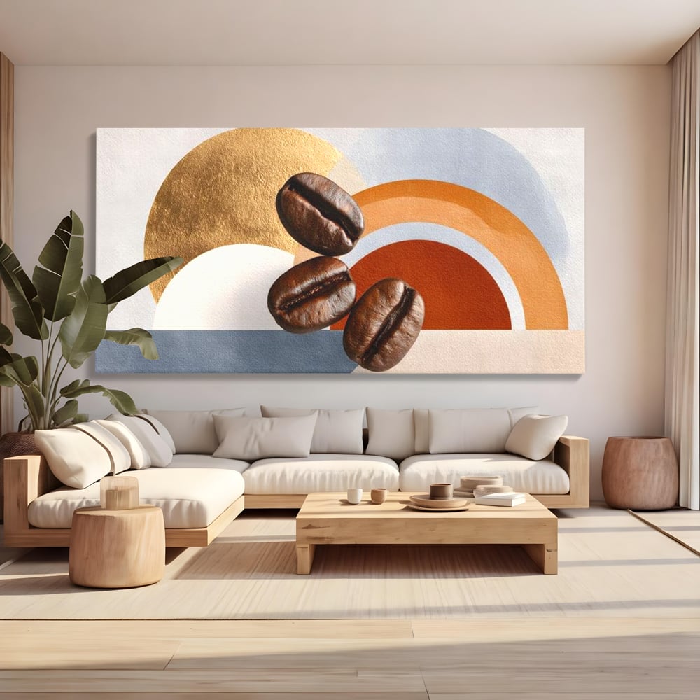 Tablou canvas cu tablou canvas cu boabe de cafea si forme geometrice, fara rama, pe sasiu de lemn, pe perete intr-un living