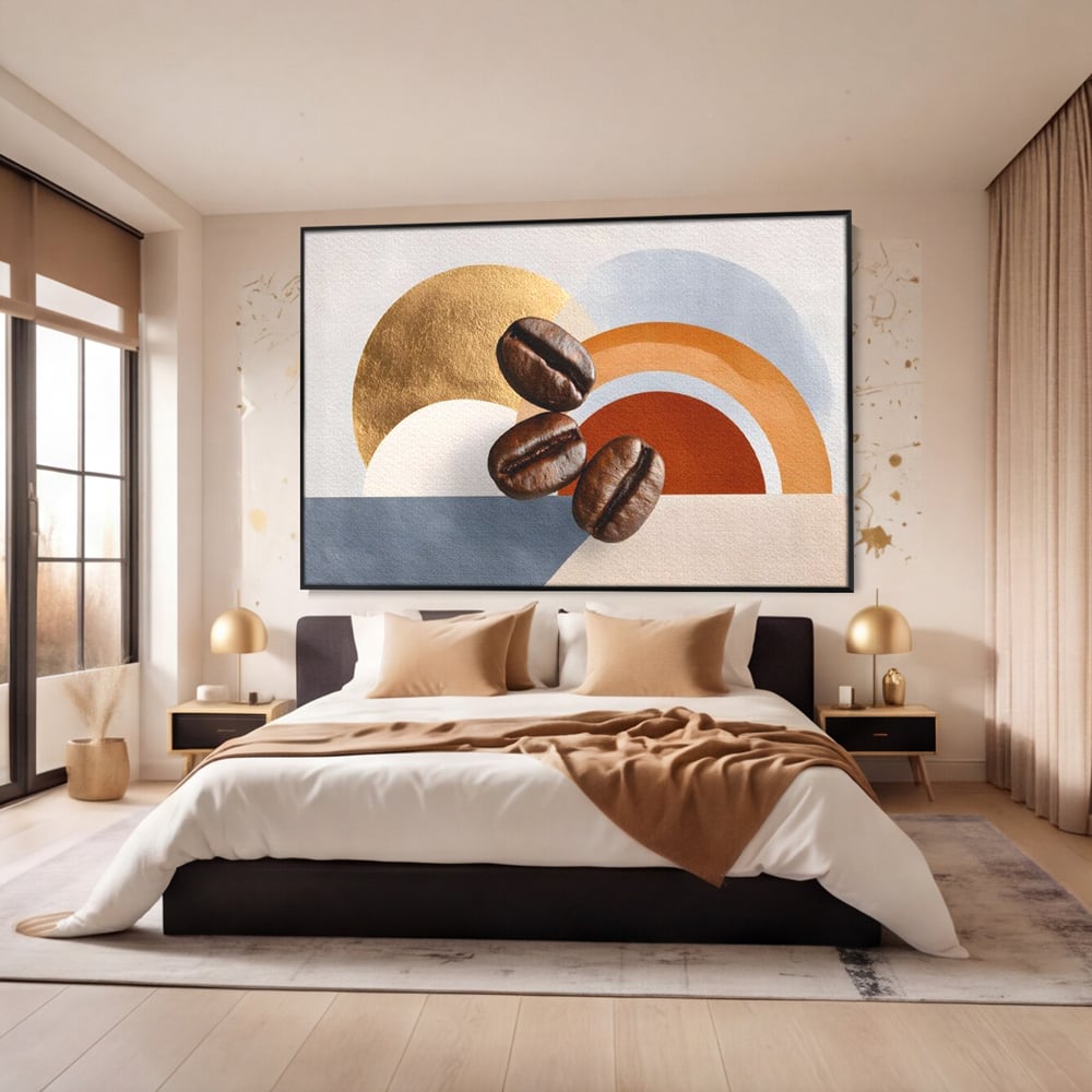 Tablou canvas cu tablou canvas cu boabe de cafea si forme geometrice, in rama de aluminiu negru, pe perete intr-un dormitor