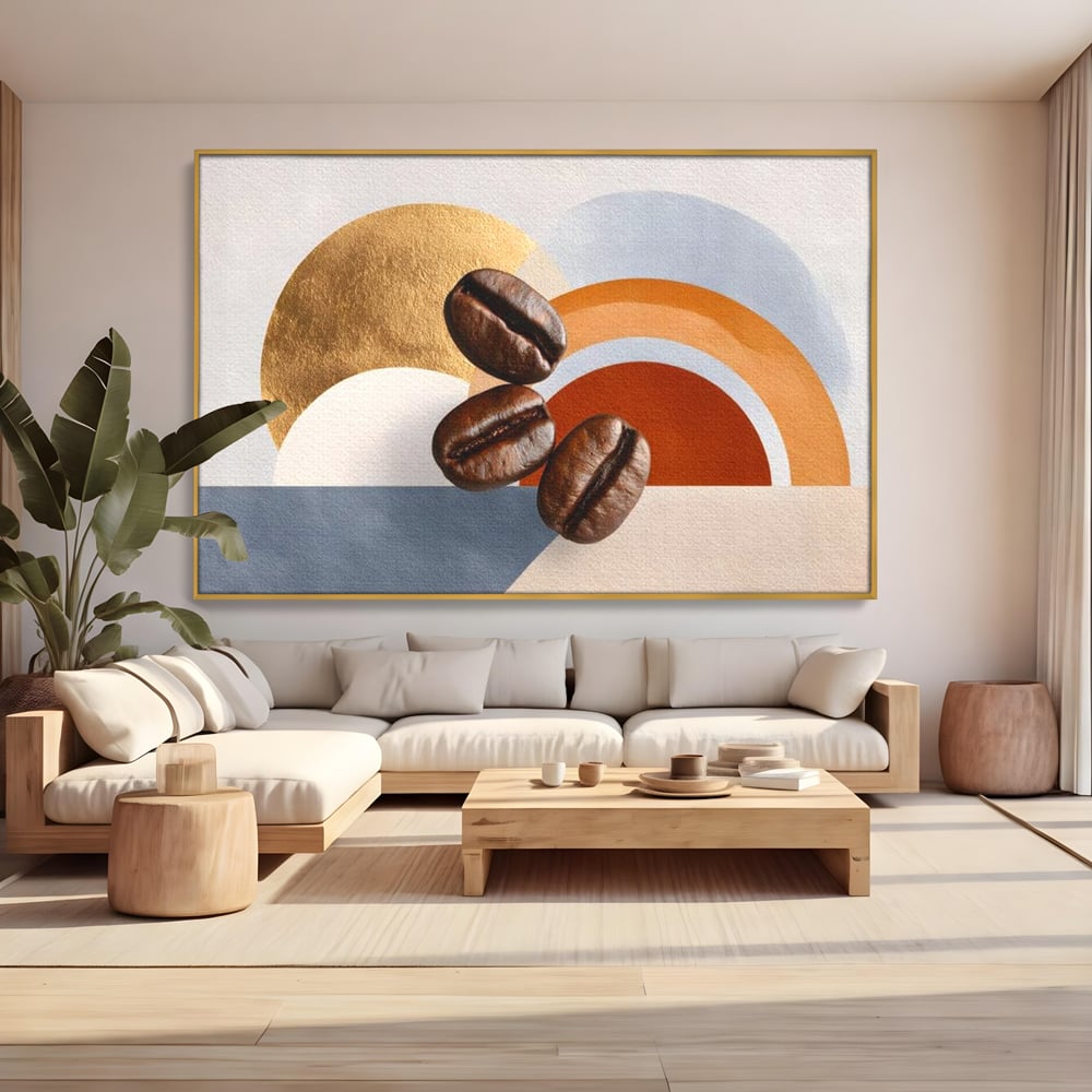 Tablou canvas cu tablou canvas cu boabe de cafea si forme geometrice, in rama de aluminiu auriu, pe perete intr-un living