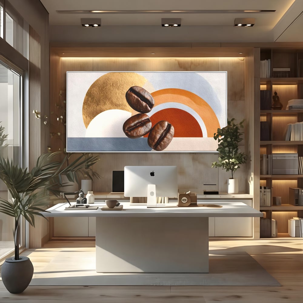 Tablou canvas cu tablou canvas cu boabe de cafea si forme geometrice, in rama de aluminiu argintiu, pe perete intr-un birou