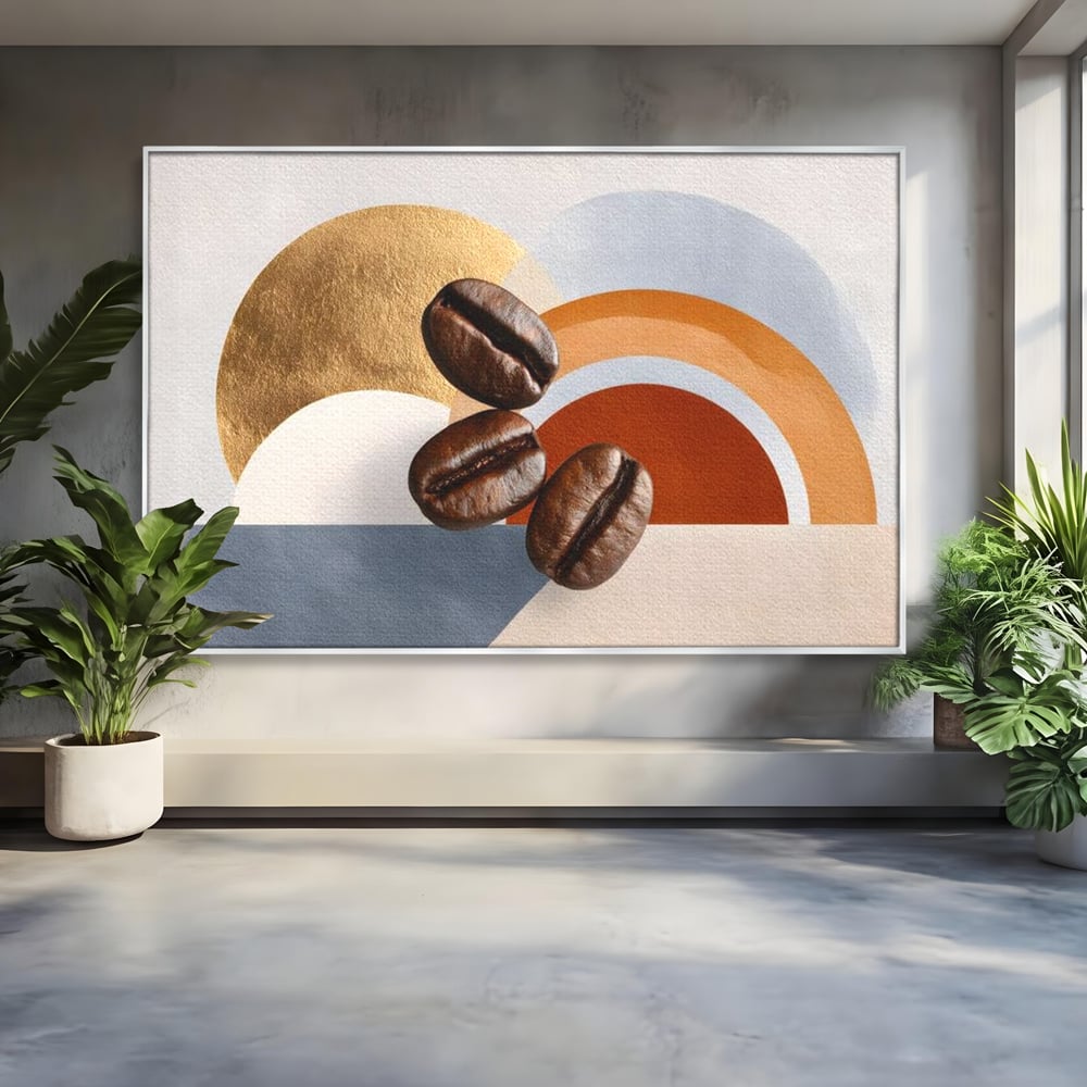 Tablou canvas cu tablou canvas cu boabe de cafea si forme geometrice, in rama de aluminiu argintiu