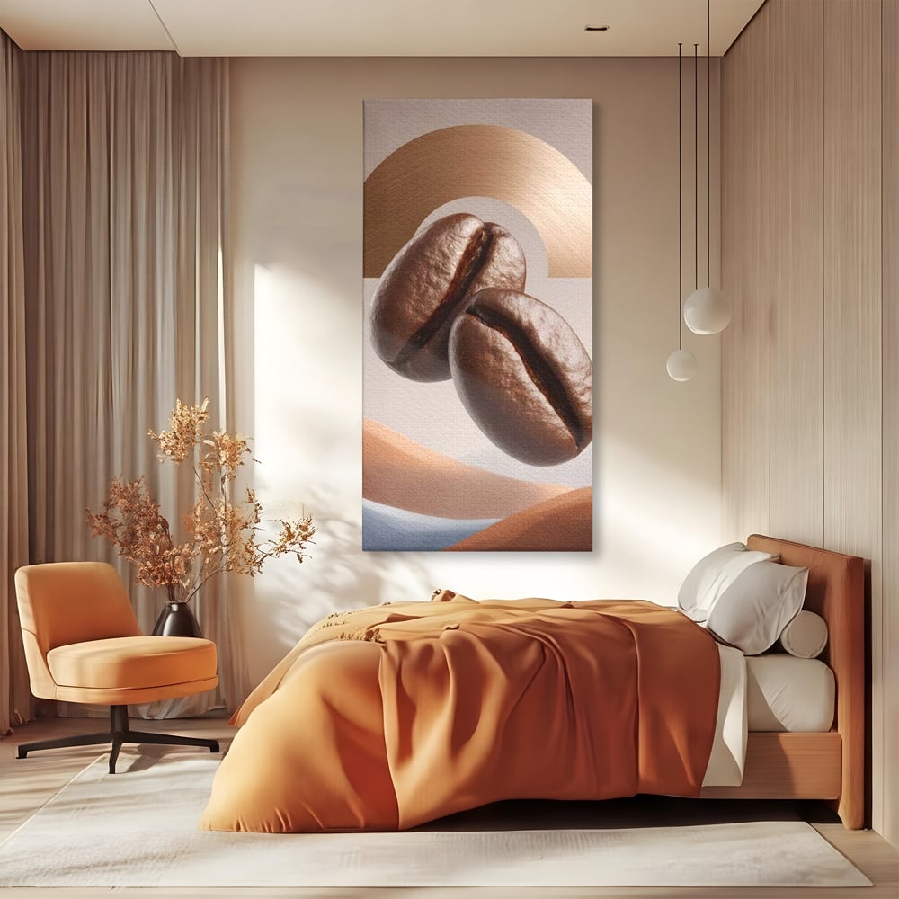 Tablou canvas cu tablou canvas cu boabe de cafea, fara rama, pe sasiu de lemn, pe perete intr-un dormitor
