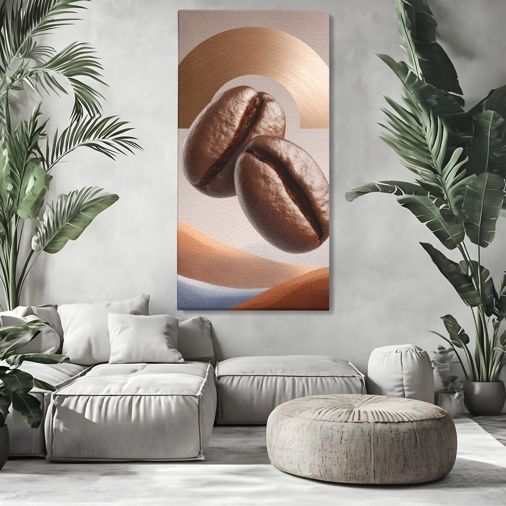 Tablou canvas cu tablou canvas cu boabe de cafea, fara rama, pe sasiu de lemn, pe perete intr-un living