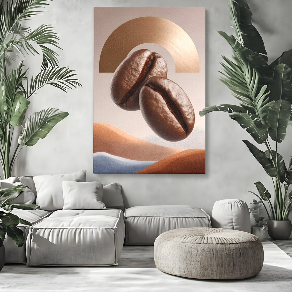 Tablou canvas cu tablou canvas cu boabe de cafea, fara rama, pe sasiu de lemn, pe perete intr-un living