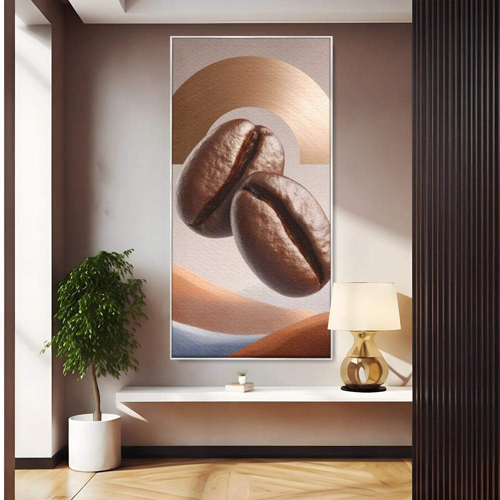 Tablou canvas cu tablou canvas cu boabe de cafea, in rama de aluminiu argintiu