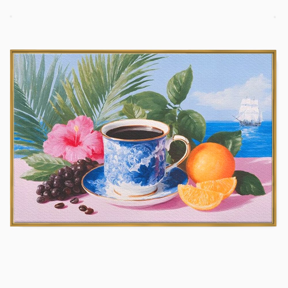 Tablou canvas cu natura moarta cu ceasca de cafea si portocale, in rama de aluminiu auriu