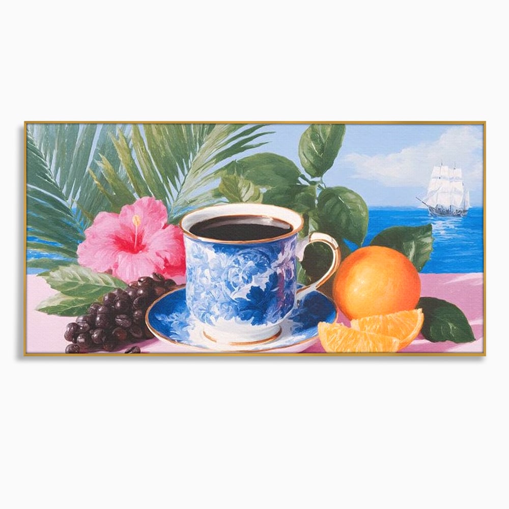 Tablou canvas cu natura moarta cu ceasca de cafea si portocale, in rama de aluminiu auriu