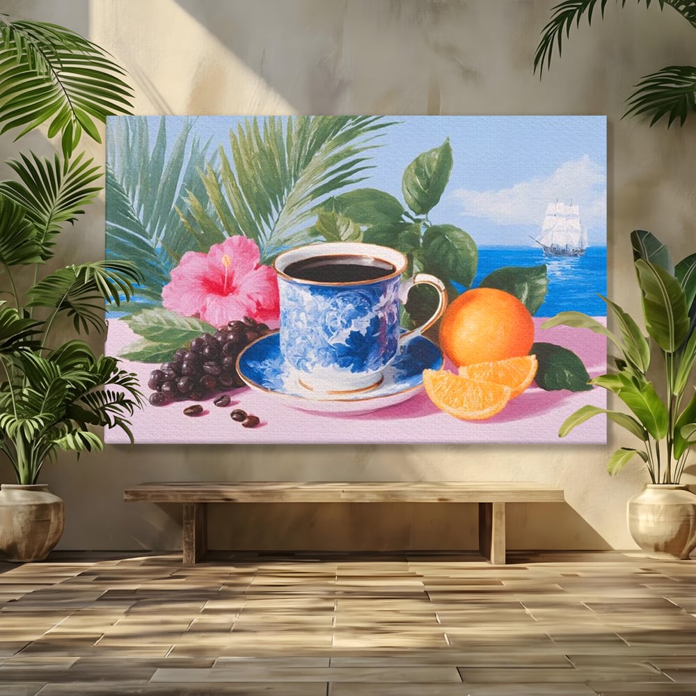 Tablou canvas cu natura moarta cu ceasca de cafea si portocale, fara rama, pe sasiu de lemn