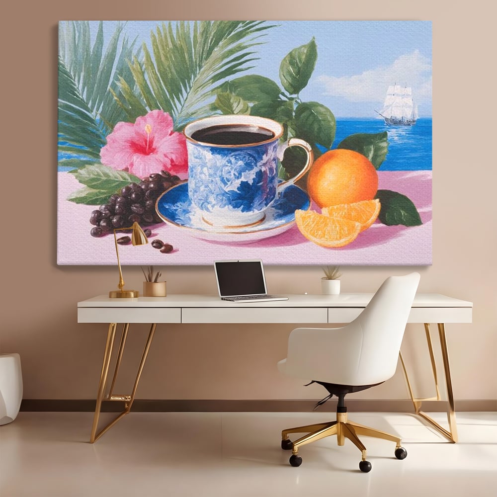 Tablou canvas cu natura moarta cu ceasca de cafea si portocale, fara rama, pe sasiu de lemn, pe perete intr-un birou