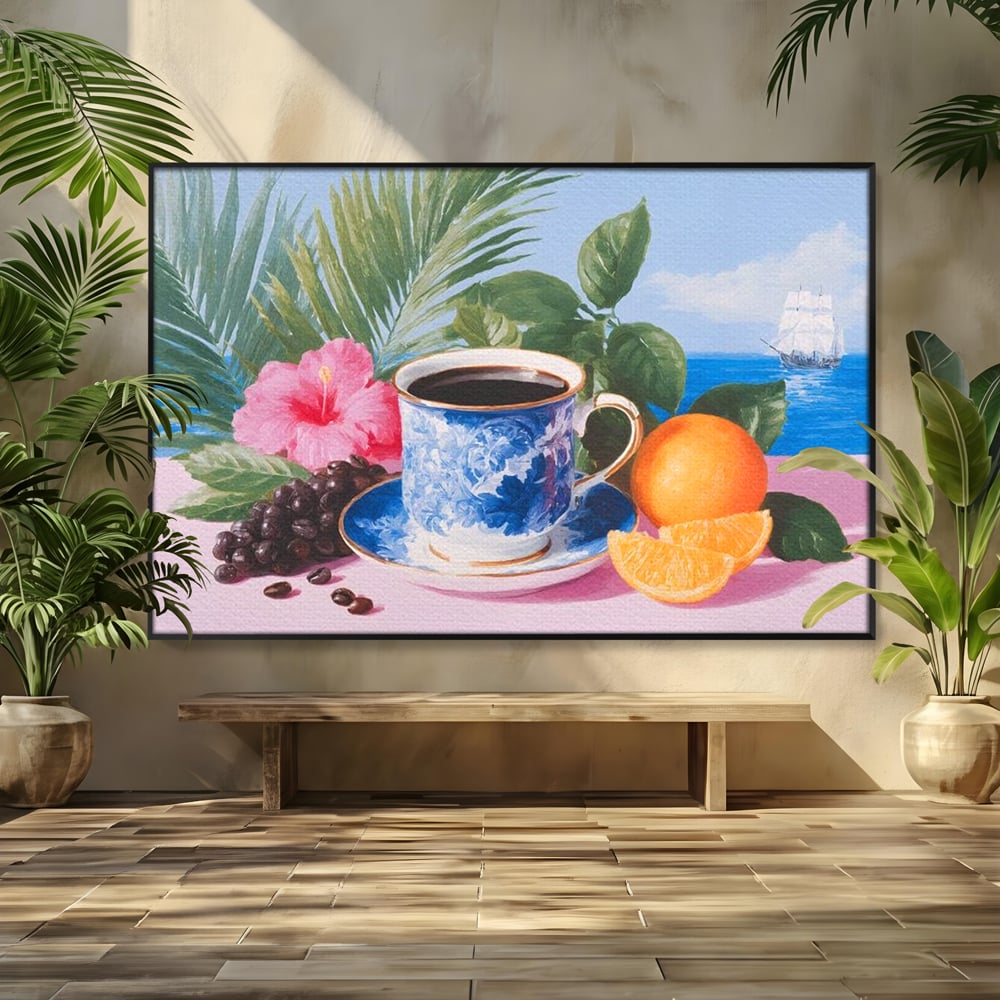 Tablou canvas cu natura moarta cu ceasca de cafea si portocale, in rama de aluminiu negru