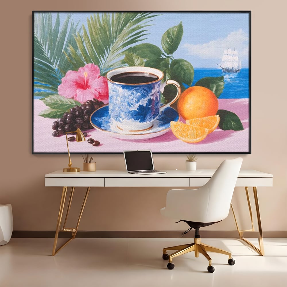 Tablou canvas cu natura moarta cu ceasca de cafea si portocale, in rama de aluminiu negru, pe perete intr-un birou