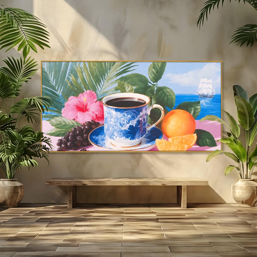 Tablou canvas cu natura moarta cu ceasca de cafea si portocale, in rama de aluminiu auriu