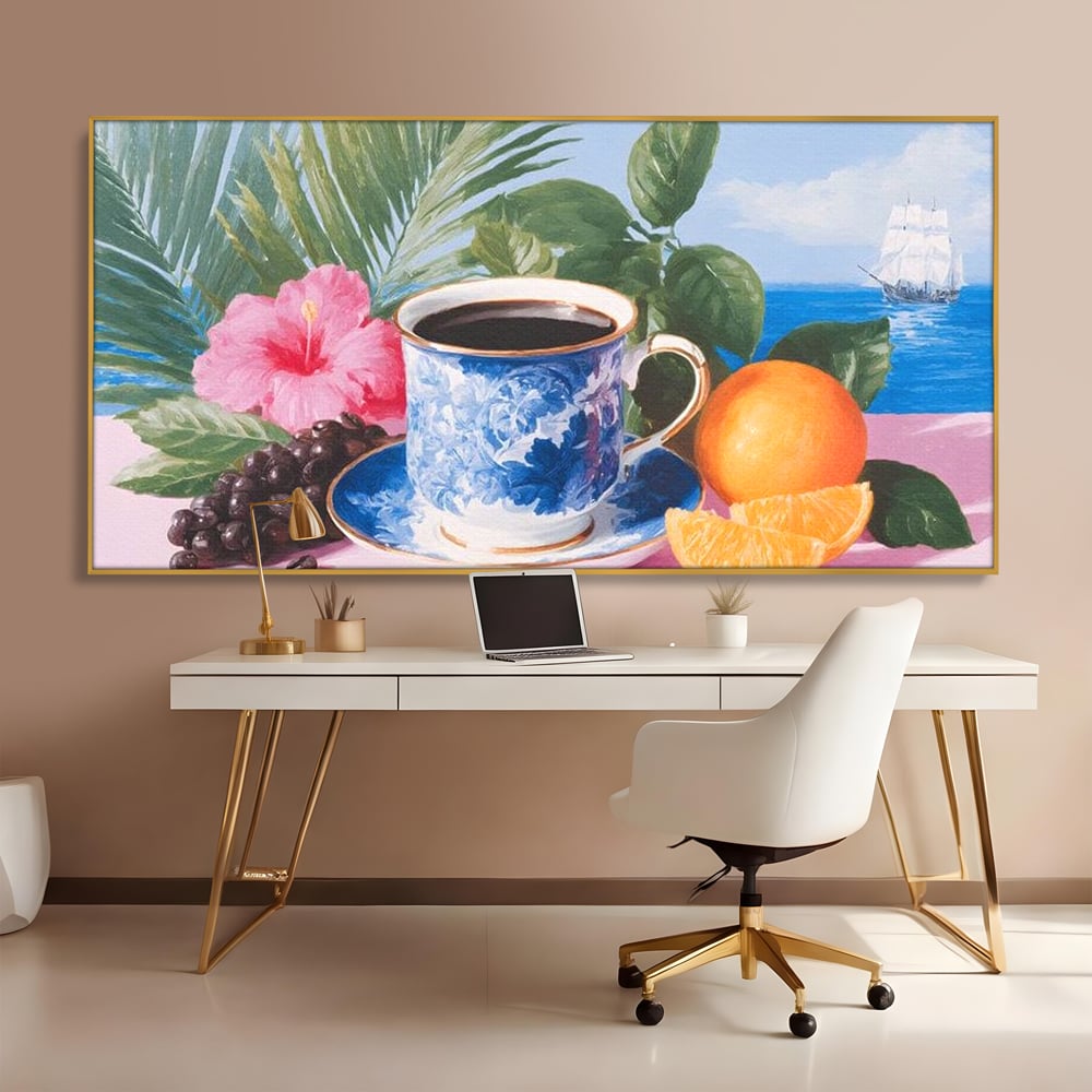 Tablou canvas cu natura moarta cu ceasca de cafea si portocale, in rama de aluminiu auriu, pe perete intr-un birou