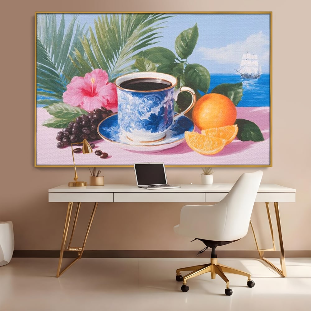 Tablou canvas cu natura moarta cu ceasca de cafea si portocale, in rama de aluminiu auriu, pe perete intr-un birou