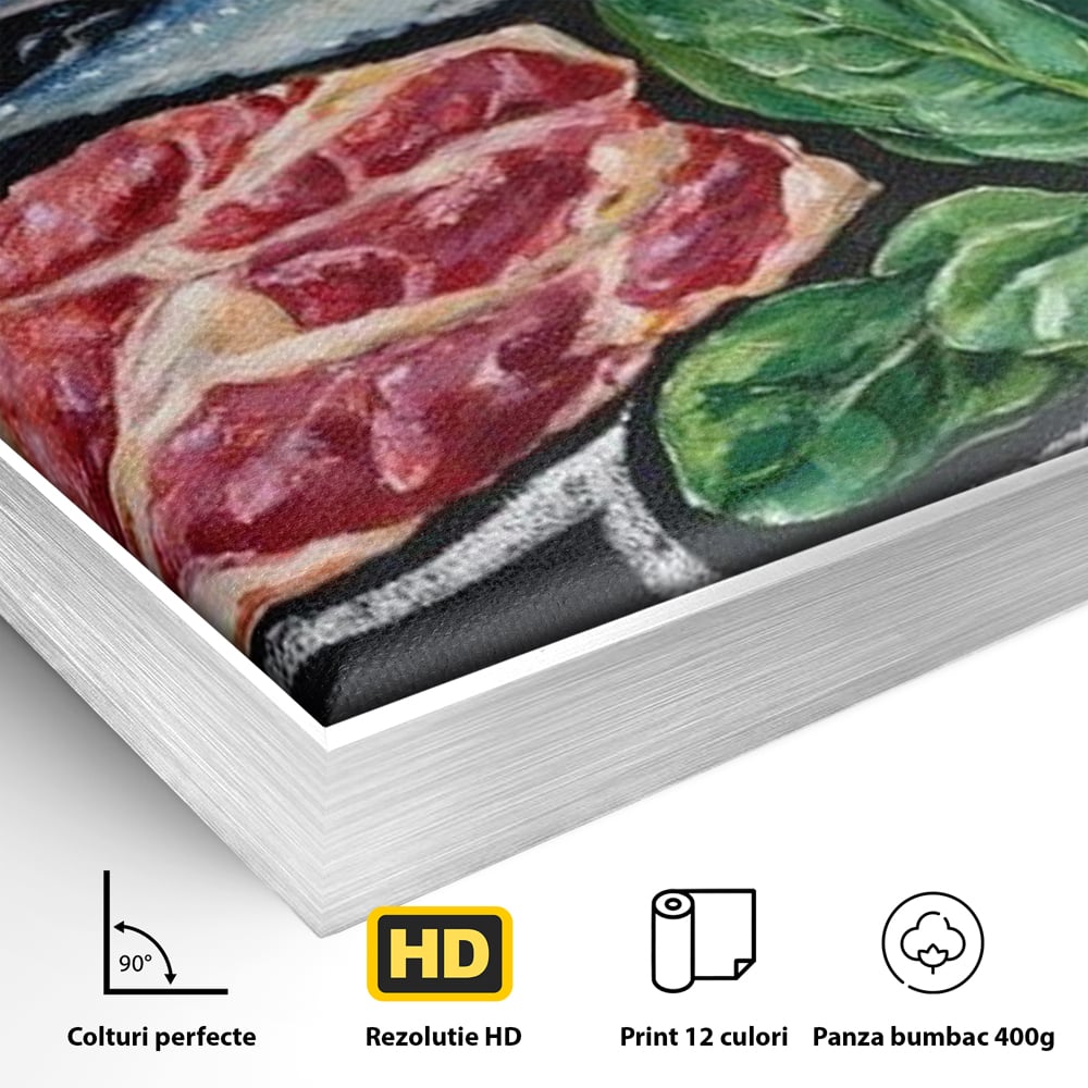 Detaliu al suprafetei: pictura cu alimente variate pe fundal negru, in rama de aluminiu argintiu