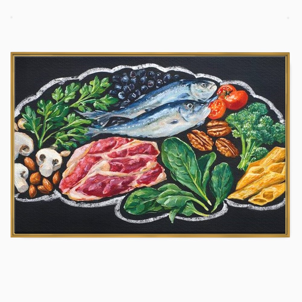 Tablou canvas cu pictura cu alimente variate pe fundal negru, in rama de aluminiu auriu