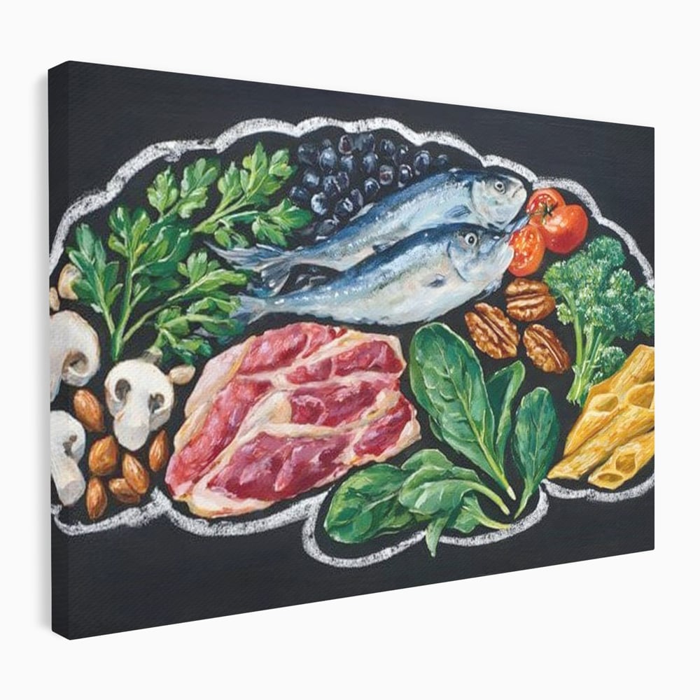 Tablou canvas cu pictura cu alimente variate pe fundal negru, fara rama, pe sasiu de lemn