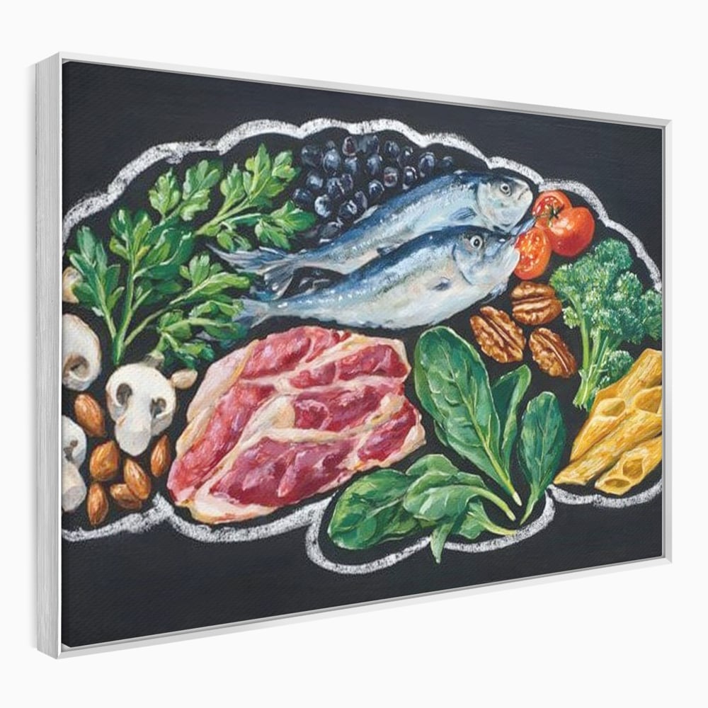 Tablou canvas cu pictura cu alimente variate pe fundal negru, in rama de aluminiu argintiu