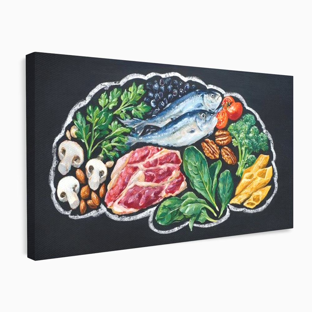 Tablou canvas cu pictura cu alimente variate pe fundal negru, fara rama, pe sasiu de lemn