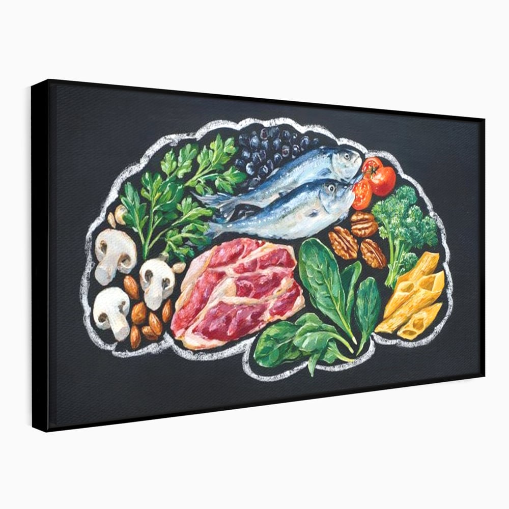 Tablou canvas cu pictura cu alimente variate pe fundal negru, in rama de aluminiu negru