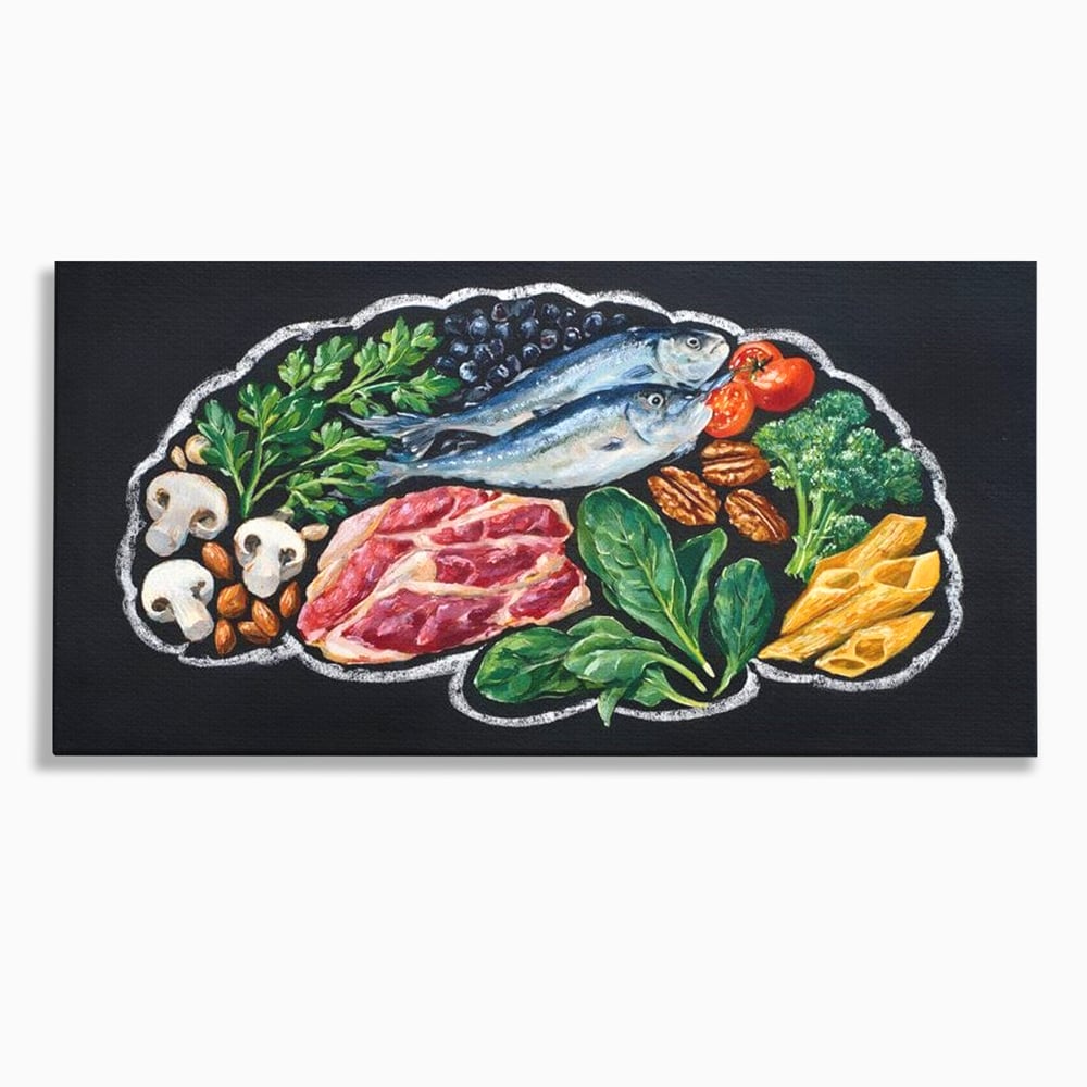 Tablou canvas cu pictura cu alimente variate pe fundal negru, fara rama, pe sasiu de lemn