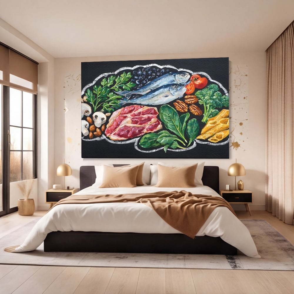 Tablou canvas cu pictura cu alimente variate pe fundal negru, fara rama, pe sasiu de lemn, pe perete intr-un dormitor