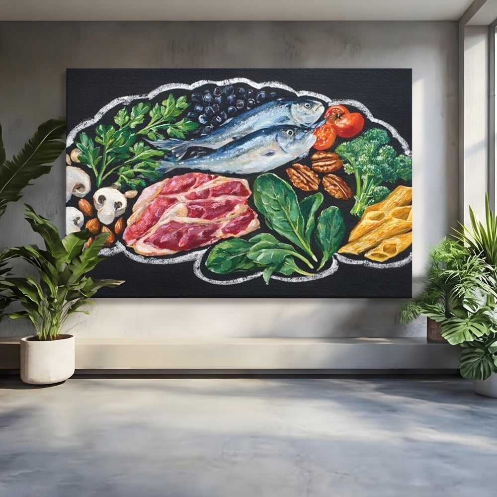 Tablou canvas cu pictura cu alimente variate pe fundal negru, fara rama, pe sasiu de lemn