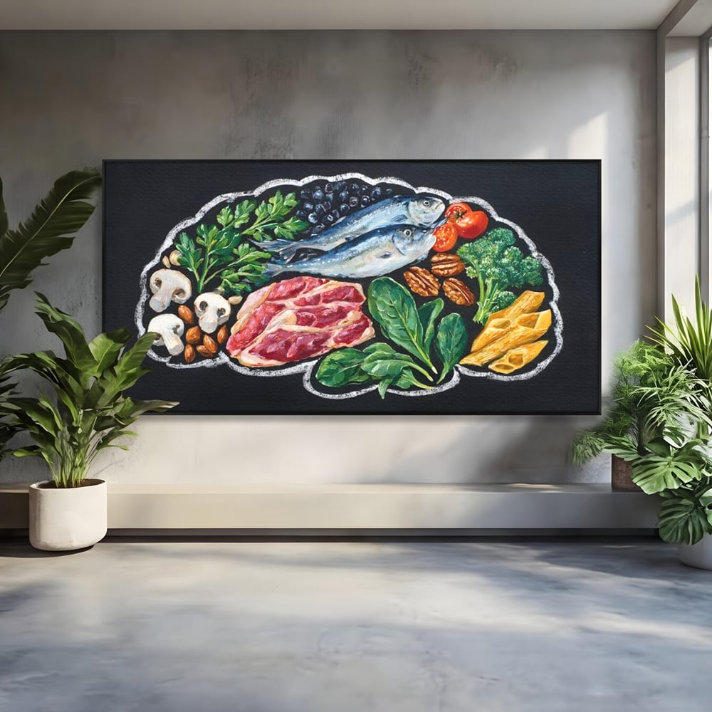 Tablou canvas cu pictura cu alimente variate pe fundal negru, in rama de aluminiu negru