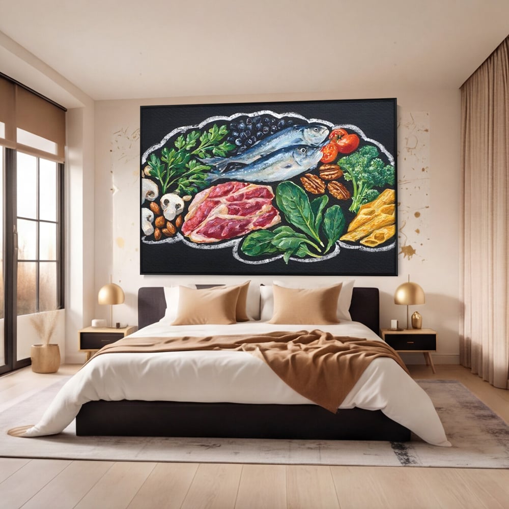 Tablou canvas cu pictura cu alimente variate pe fundal negru, in rama de aluminiu negru, pe perete intr-un dormitor