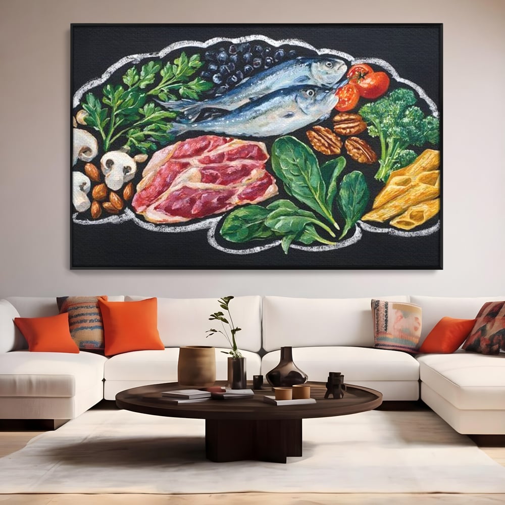 Tablou canvas cu pictura cu alimente variate pe fundal negru, in rama de aluminiu negru, pe perete intr-un living