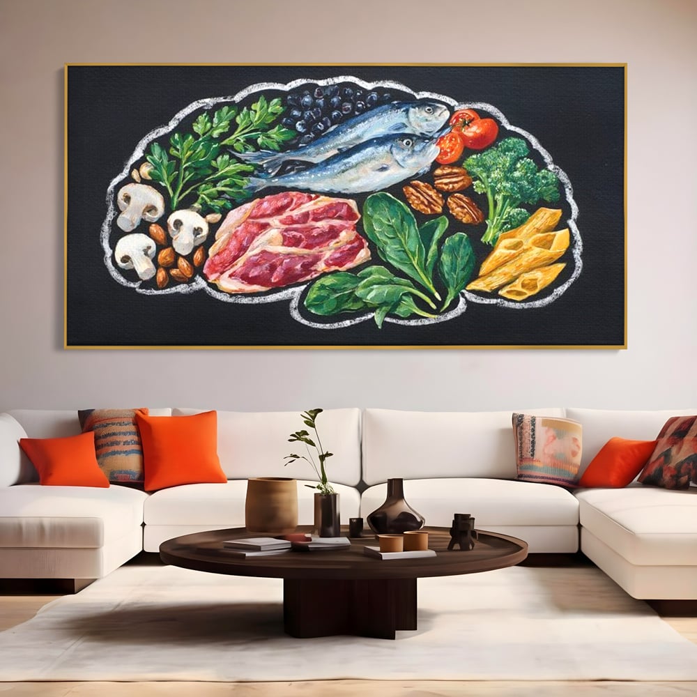 Tablou canvas cu pictura cu alimente variate pe fundal negru, in rama de aluminiu auriu, pe perete intr-un living