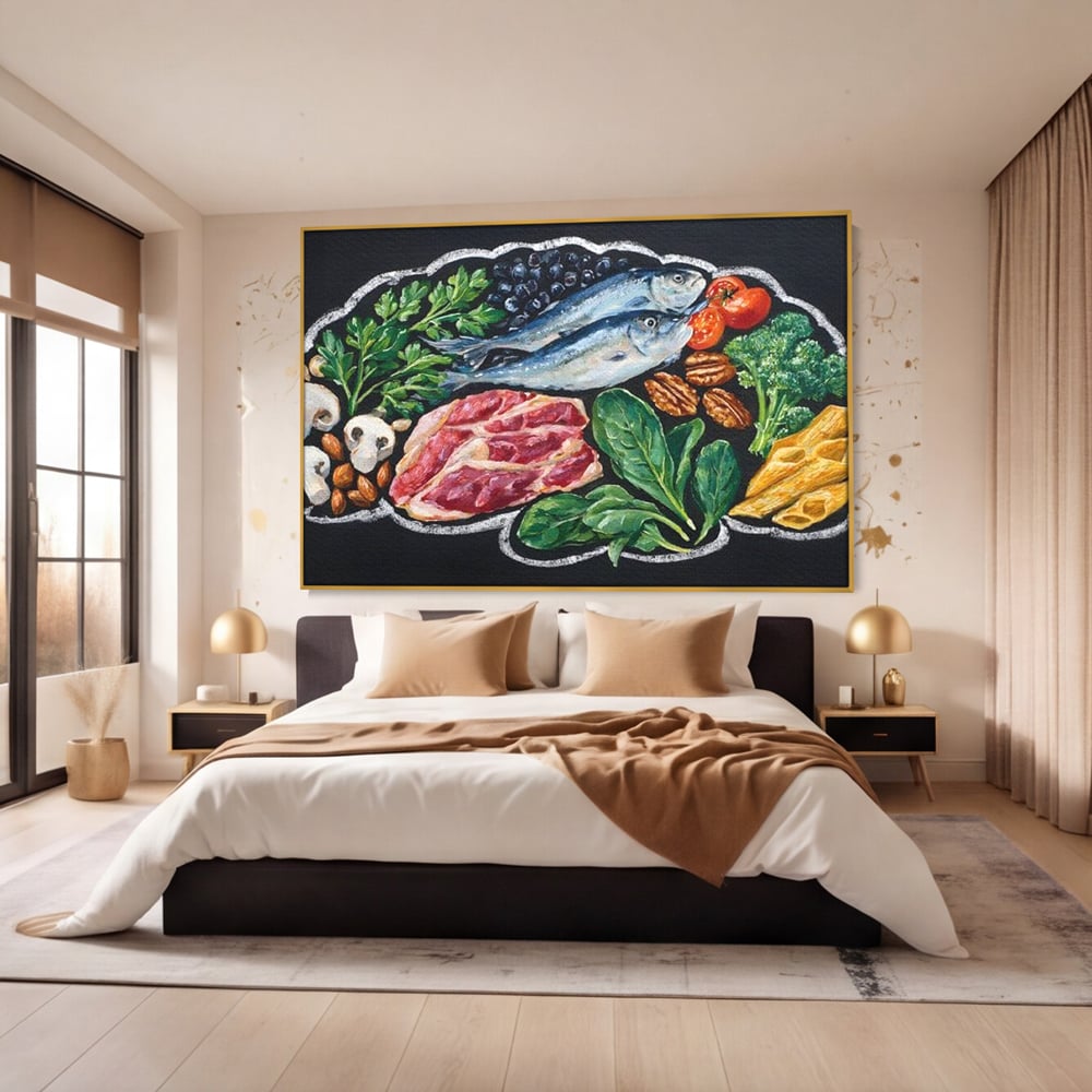 Tablou canvas cu pictura cu alimente variate pe fundal negru, in rama de aluminiu auriu, pe perete intr-un dormitor