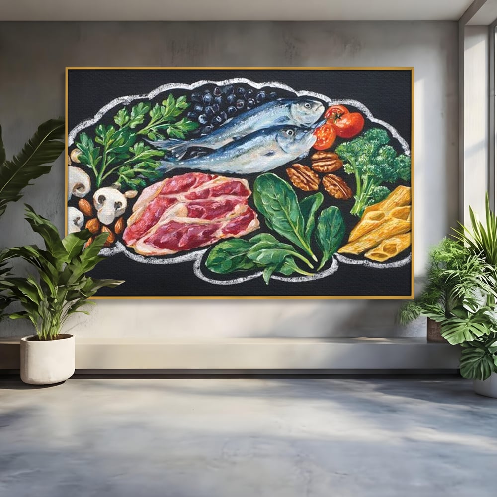 Tablou canvas cu pictura cu alimente variate pe fundal negru, in rama de aluminiu auriu
