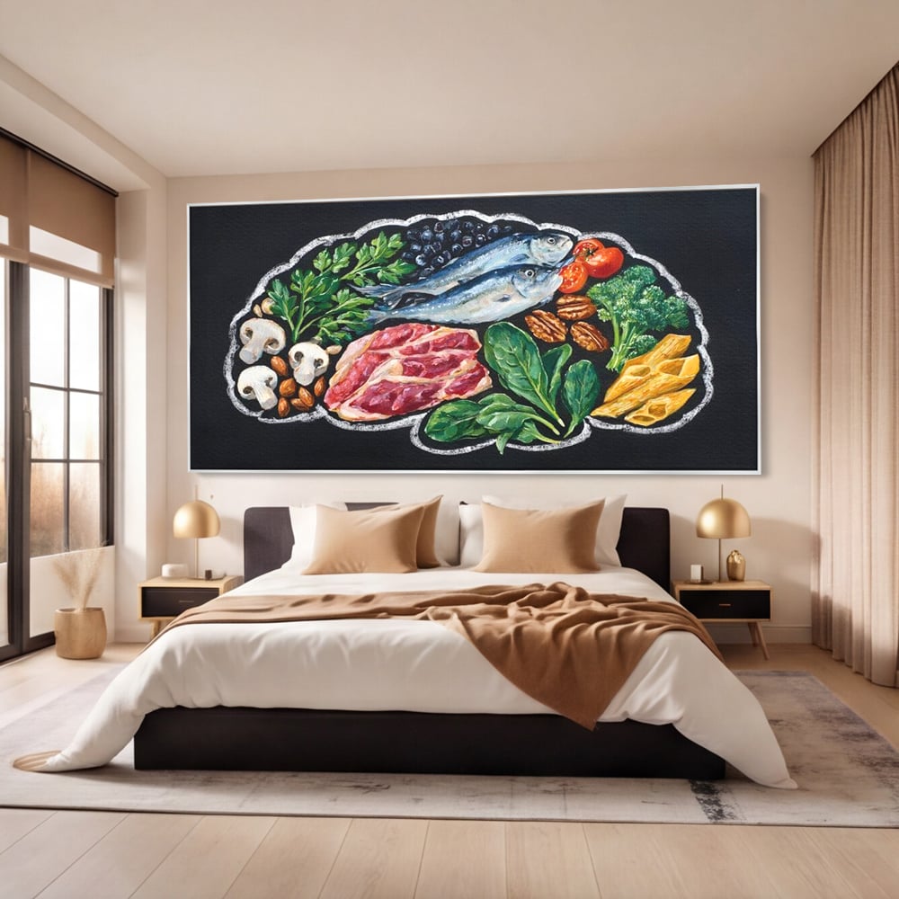 Tablou canvas cu pictura cu alimente variate pe fundal negru, in rama de aluminiu argintiu, pe perete intr-un dormitor