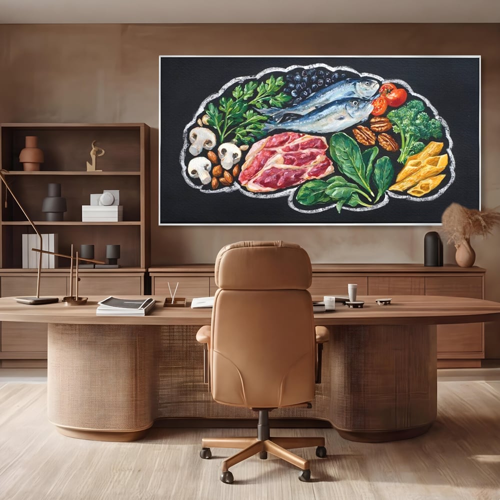 Tablou canvas cu pictura cu alimente variate pe fundal negru, in rama de aluminiu argintiu, pe perete intr-un birou